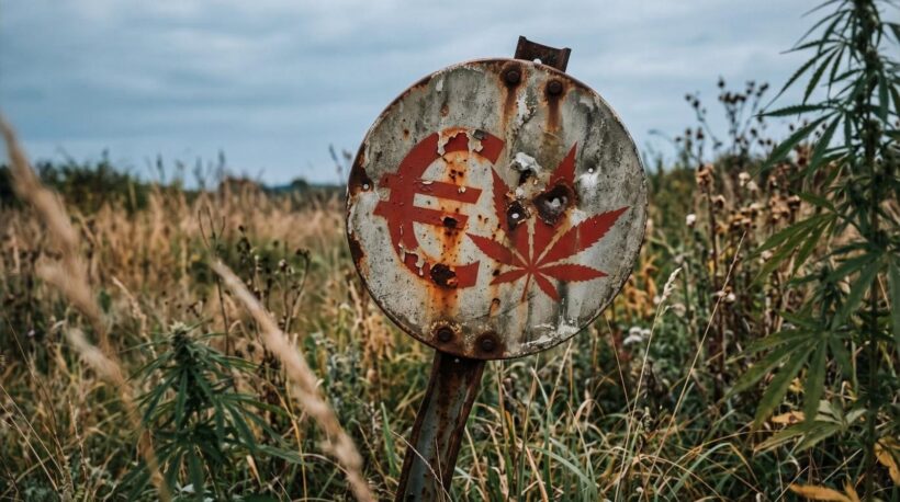 Verwittertes, rostiges Schild mit Euro-Symbol und Cannabisblatt auf einer Wiese – Symbolbild BAFA-Förderung für Cannabis-Marketing