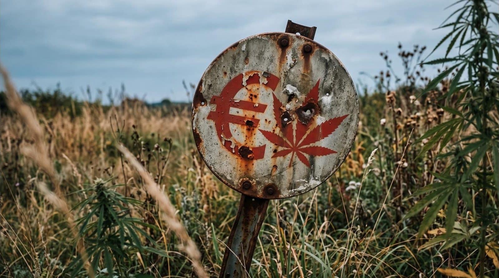 Verwittertes, rostiges Schild mit Euro-Symbol und Cannabisblatt auf einer Wiese – Symbolbild BAFA-Förderung für Cannabis-Marketing
